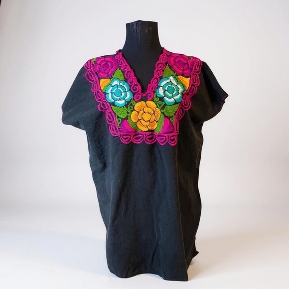Handmade Embroidered Black V-Neck Blouse - Picture 2 of 13